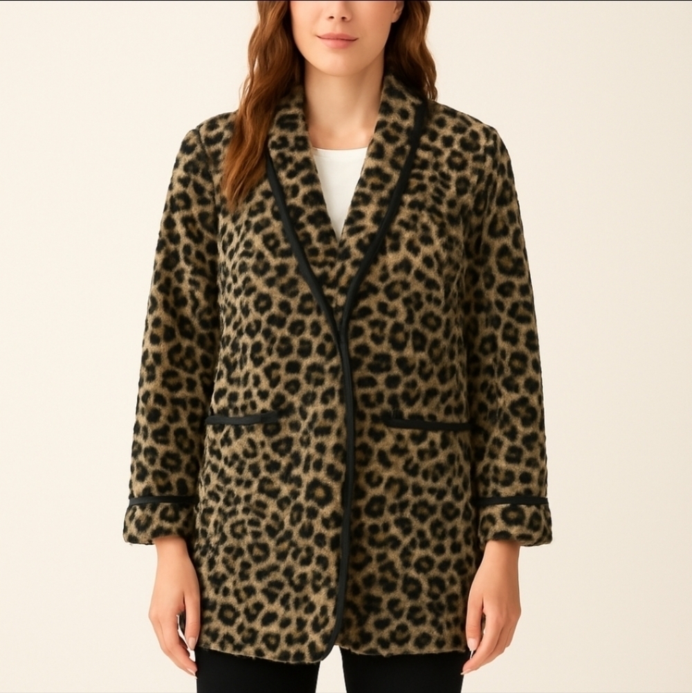 KATE SPADE Leopard Print Fleece  Open Front Coat Jacket XS S NEW